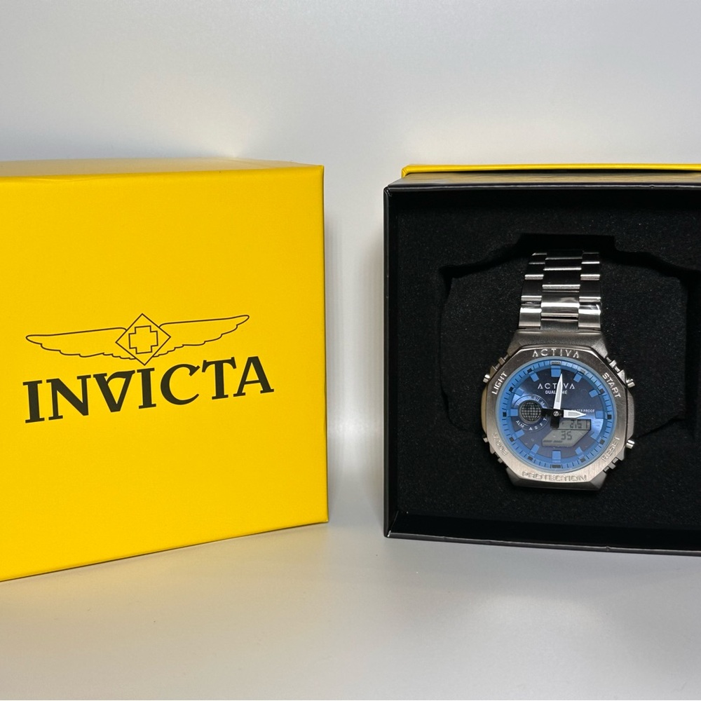 Ativa X Invicta Digital Men’s Watch Silver Blue 45.5mm Quartz Duel Time NWOT